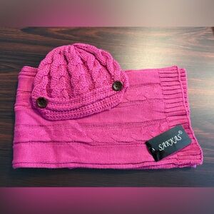 NWT Sakkas Cable Knit Cap Style Hat And Scarf Set Dark Pink Warm Winter Retro